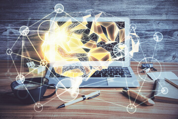 Double exposure of desktop computer and human brain drawing hologram. Ai concept.