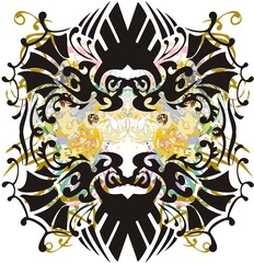Frame with ornate floral and golden elements. Bohemian beautiful frame with colorful splashes for your creative ideas, posters, cards, textiles, wallpapers, etc.