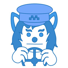 emoji with retro taxi driver holding a wheel while driving the car and wearing a cap with checkerboard sign, simple hand drawn emoticon, wolf simplistic facial expression