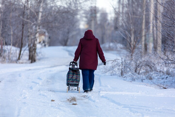 A woman with a bag walks along a snowy road