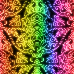 Neon light on black damask seamless repeat pattern. High quality illustration. Funky nightlife retro revival design. Futuristic dramatic glow lighting. 