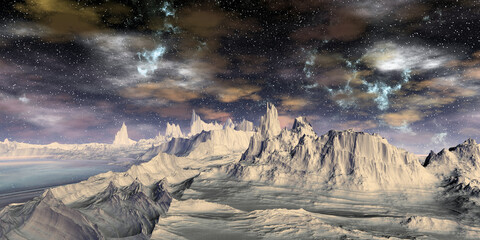Plakat Alien Planet. Mountain and lake. 3D rendering