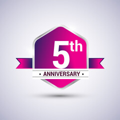 Logo 5th anniversary celebration isolated in red hexagon shape and red ribbon colored, vector design.