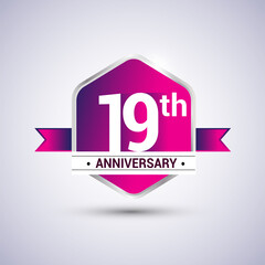 Logo 19th anniversary celebration isolated in red hexagon shape and red ribbon colored, vector design.