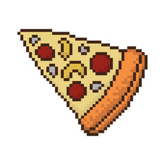 Fototapeta premium Pixel pizza icon. Colored contour silhouette. Top view. Vector flat graphic illustration. The isolated object on a white background. Isolate.