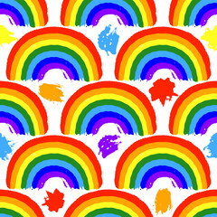 Beautiful bright colorful rainbows and blots isolated on white background. Childish cute seamless pattern. Vector flat graphic hand drawn illustration. Texture.