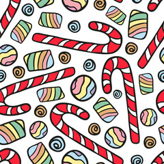 Assorted multicolored lollipops candy isolated on white background. Cute delicious seamless pattern. Vector flat graphic hand drawn illustration. Texture.