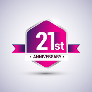 Logo 21st anniversary celebration isolated in red hexagon shape and red ribbon colored, vector design.