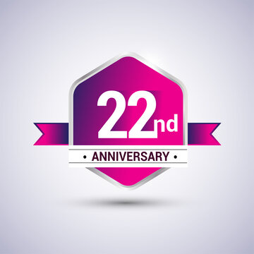 Logo 22nd anniversary celebration isolated in red hexagon shape and red ribbon colored, vector design.