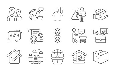 Fototapeta na wymiar Online shopping, Package and Shoulder strap line icons set. Couple, Hold box and Construction document signs. Parking, Swimming pool and Buyer think symbols. Line icons set. Vector