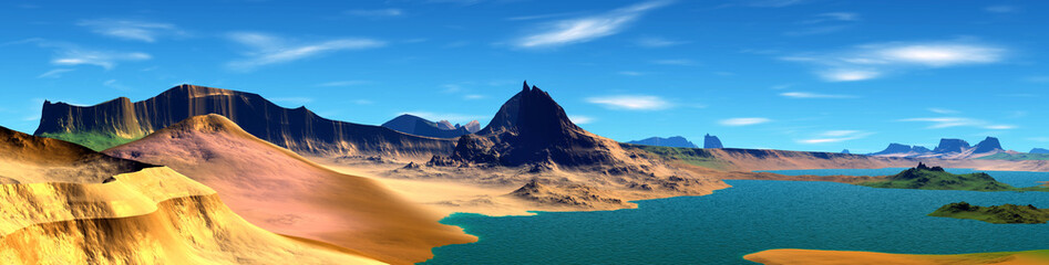 Naklejka premium Alien Planet. Mountain and lake. Panorama. 3D rendering