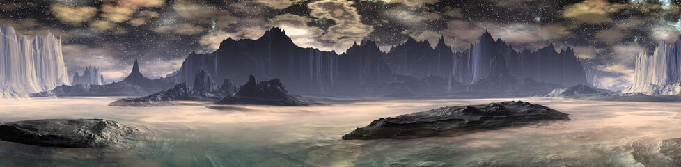 Alien Planet. Mountain and lake. Panorama. 3D rendering