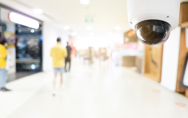 Modern public CCTV camera with blur interior shopping mall background. Recording cameras for monitoring all day and night. Concept of surveillance and monitoring with copy space.