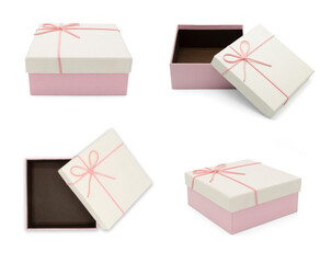Collection of pink white gift box with pink ribbon isolated on white background.