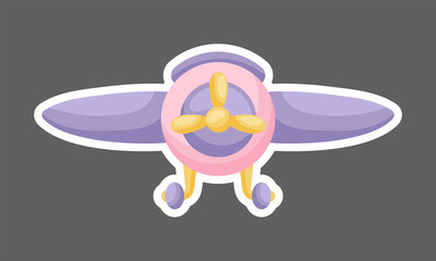 Cartoon pink-purple plane for design of notebook, cards and invitation. Cute sticker template decorated with cartoon image. Colorful airplane flat style design. Vector stock illustration.