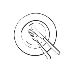 Fork and knife on empty plate, Vector linear sketch top view cutlery isolated, Kitchen dining utensils, Hand drawn black line on white background