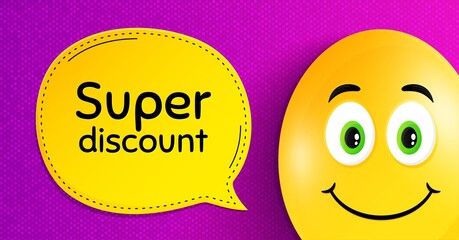 Super discount symbol. Easter egg with smile face. Sale sign. Advertising Discounts symbol. Easter smile character. Super discount speech bubble. Yellow egg background. Vector