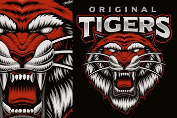 A colorful vector emblem with a roaring tiger, this design can be used as a shirt print as well as a logotype.