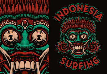 A colorful vector Bali mask, this design can be used as a shirt print, as an illustration for a surfboard, and for many other uses.