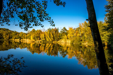 A beautiful little lake called Schnepfensee in Germany at a sunny day in Autumn with a colorful forest reflecting in the water.