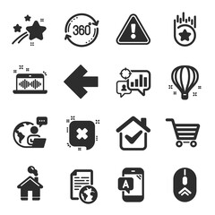 Set of Technology icons, such as Air balloon, Loyalty star, Music making symbols. Reject, Ab testing, Swipe up signs. Left arrow, Internet document, Full rotation. Seo statistics, Home. Vector