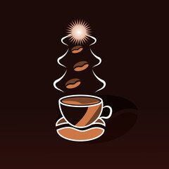 From a Cup of hot coffee standing on a saucer in the shape of a coffee bean, steam rises like a Christmas tree decorated with a garland of coffee beans and a star.