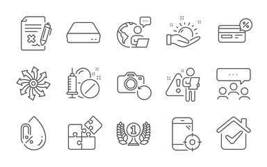 Reject file, Medical drugs and Mini pc line icons set. Sunny weather, No alcohol and Laureate award signs. Cashback, Meeting and Seo phone symbols. Puzzle, Recovery photo and Versatile. Vector