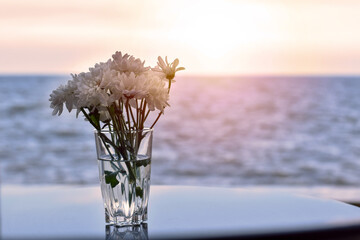 White flowers in clear glass with sunlight setting in the background.