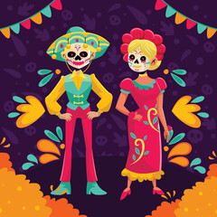 Dia De Muertos Flat Cartoon Couple Character Design