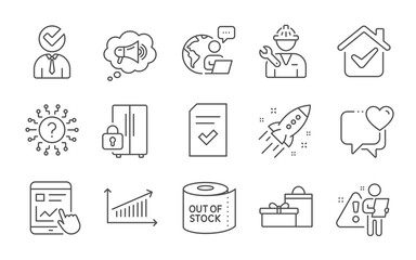 Fototapeta premium Vacancy, Checked file and Megaphone line icons set. Toilet paper, Heart and Question mark signs. Internet report, Refrigerator and Repairman symbols. Chart, Startup rocket and Gifts. Vector