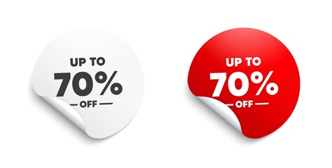 Up to 70% off Sale. Round sticker with offer message. Discount offer price sign. Special offer symbol. Save 70 percentages. Circle sticker mockup banner. Discount tag badge shape. Vector - obrazy, fototapety, plakaty