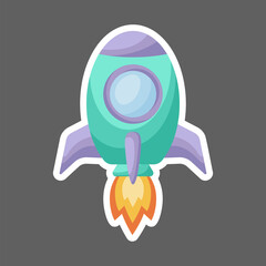 Obraz premium Bright green cartoon rocket with fire trace launched into space for design of notebook, cards, invitation. Cute sticker template decorated with cartoon image. Colorful vector stock illustration.