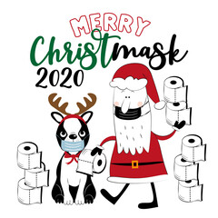 Merry Chrsitmask 2020- Boston Terrier and Santa Claus with toilet papers. Funny greeting card for Christmas in covid-19 pandemic self isolated period.  