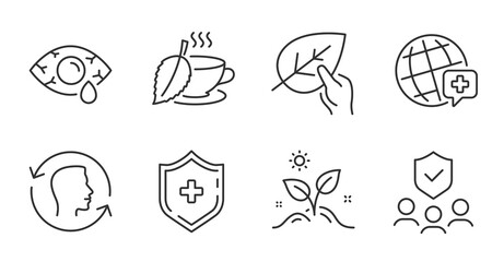 Face id, World medicine and Organic tested line icons set. Grow plant, People insurance and Mint tea signs. Ð¡onjunctivitis eye, Medical shield symbols. Quality line icons. Face id badge. Vector