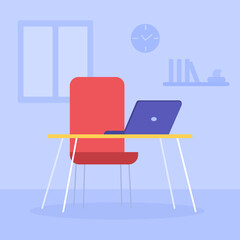 Empty workplace near the window. Armchair and table with laptop. Remote work. Modern comfortable furniture. Home Office. Vacant place. Vector flat illustration