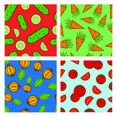 Colored autumn vegetables pattern with ripe whole and chopped tomatoes, carrots, potatoes, cabbage, beetroot, onion and parsley in extra simple cartoon style isolated on white background.