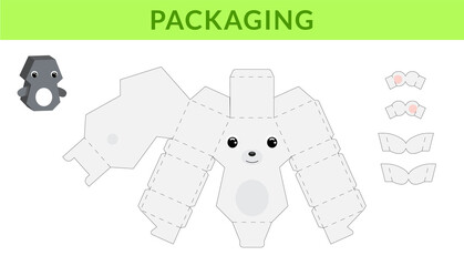 Party favor die cut polar bear box for birthdays, baby showers for sweets, candies, small presents, bakery. Retail box blueprint template design. Print, cutout, fold, glue. Vector stock illustration.