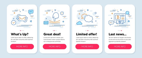 Set of Technology icons, such as Messenger, Refresh mail, Elastic symbols. Mobile app mockup banners. Bitcoin atm line icons. Speech bubble, New e-mail, Resilience. Cryptocurrency change. Vector
