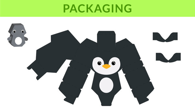 Party favor die cut penguin box for birthdays, baby showers for sweets, candies, small presents, bakery. Retail box blueprint template design. Print, cutout, fold, glue. Vector stock illustration.