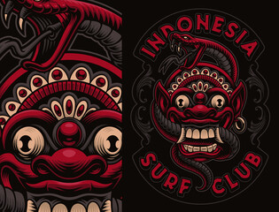 A colorful vector illustration of a Bali mask with a snake. Thi design can be used as a shirt print or as a logotype.