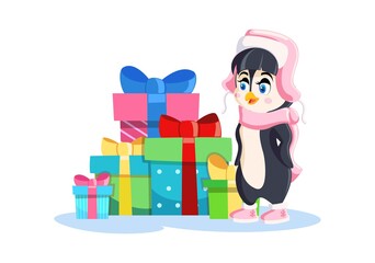 Cute Penguin Girl with lots of gifts on a White Background