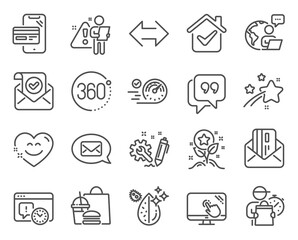Technology icons set. Included icon as Confirmed mail, Quote bubble, Engineering signs. 360 degrees, Speedometer, Online shopping symbols. Touch screen, Credit card, Project deadline. Sync. Vector