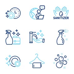 Cleaning icons set. Included icon as Hand sanitizer, Clean towel, Dishwasher timer signs. Clean bubbles, Cleaning spray, Cleanser spray symbols. Washing hands line icons. Line icons set. Vector