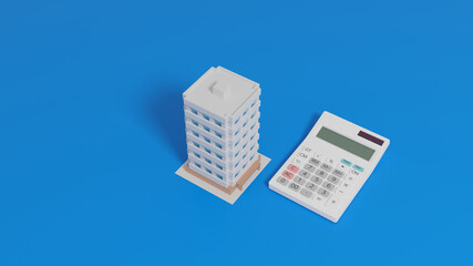 Calculator with a toy apartment placed on a plane.