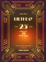 Birthday Vintage Poster or flyer with geometric ornate ornamental elements on mesh background and sample text for promoting your vintage events. Elements are layered separately in vector file.