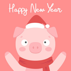 Cute pig card, merry christmas lettering quote. new year card, hand drawn cartoon background. Vector illustration.