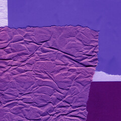 Blue and violet torn paper collage close-up. Texture made from various paper and cardboard parts. Damaged old paper background. Vintage blank wallpaper. Material design backdrop.