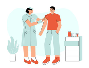 Female therapist or nurse vaccinating a male patient. Injection for healthcare, medical immunization, vaccine testing or disease treatment vector illustration.