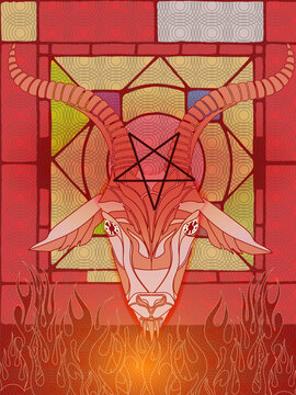 Baphomet Mascot Cartoon Character pink Head with flames isolated on stained glass background. Vector EPS 10 flyer or banner for tattoos, posters, printing on T-shirts.