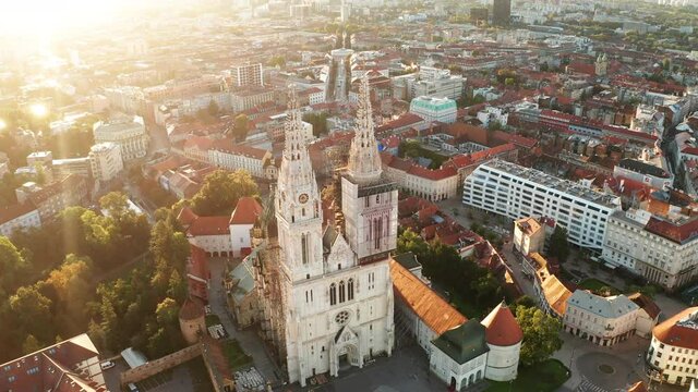 Aerial view of the Cathedral in Zagreb at sunrise. Croatia